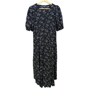 Gap Floral Puff Sleeve Midi Dress Black Size Medium Cottagecore 518079